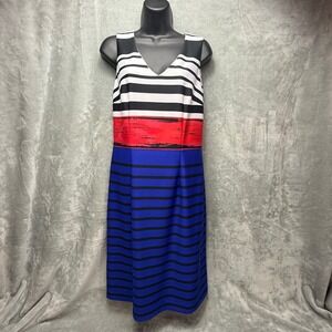 Nine West Womens Striped V-Neck Sleeveless Colorblock Sheath Dress Blue Red 8